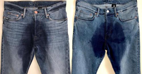 Strange fashion "piss pants" jeans, hand-painted wet footprints! Who wants?
