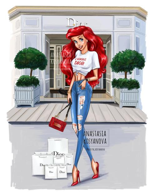 Disney princesses dress up in a modern look, and an illustrator creates a fashionable princess dress
